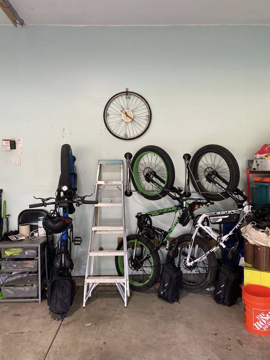 Garage bikes mounted and organized