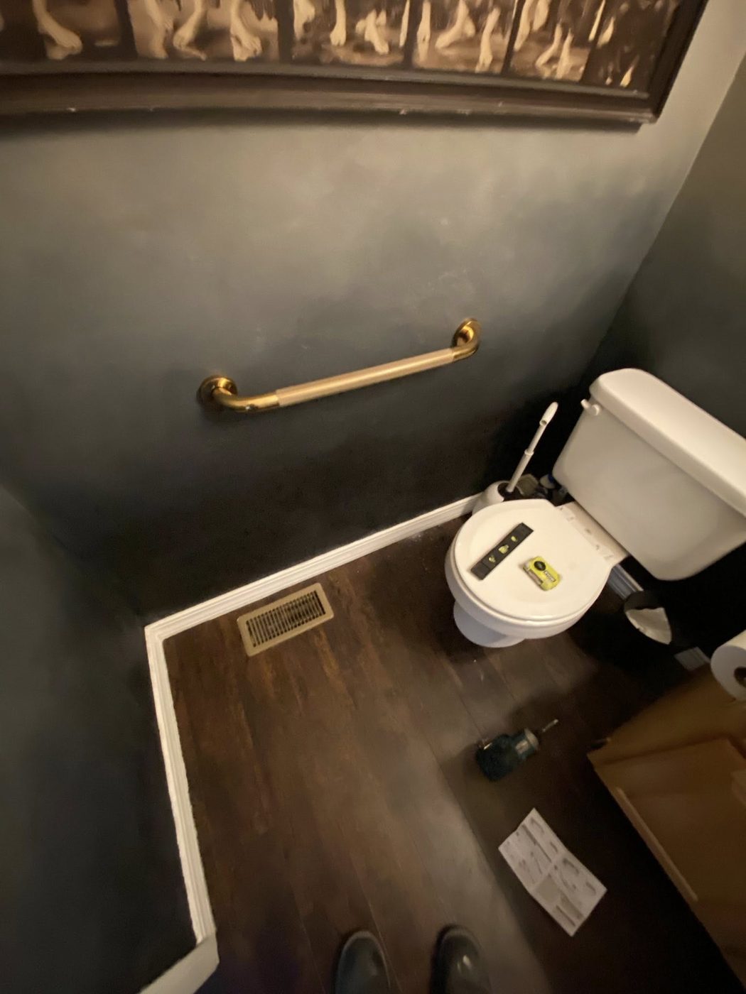 Reinstalled toilet with grab bar